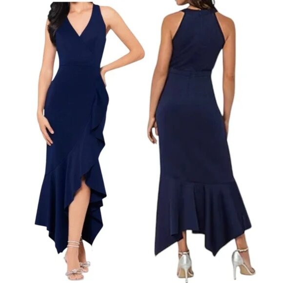 NWOT XSCAPE V-Neck Sleeveless Ruffled High-Low Dress Size 14 Navy Formal Scuba - Picture 1 of 11